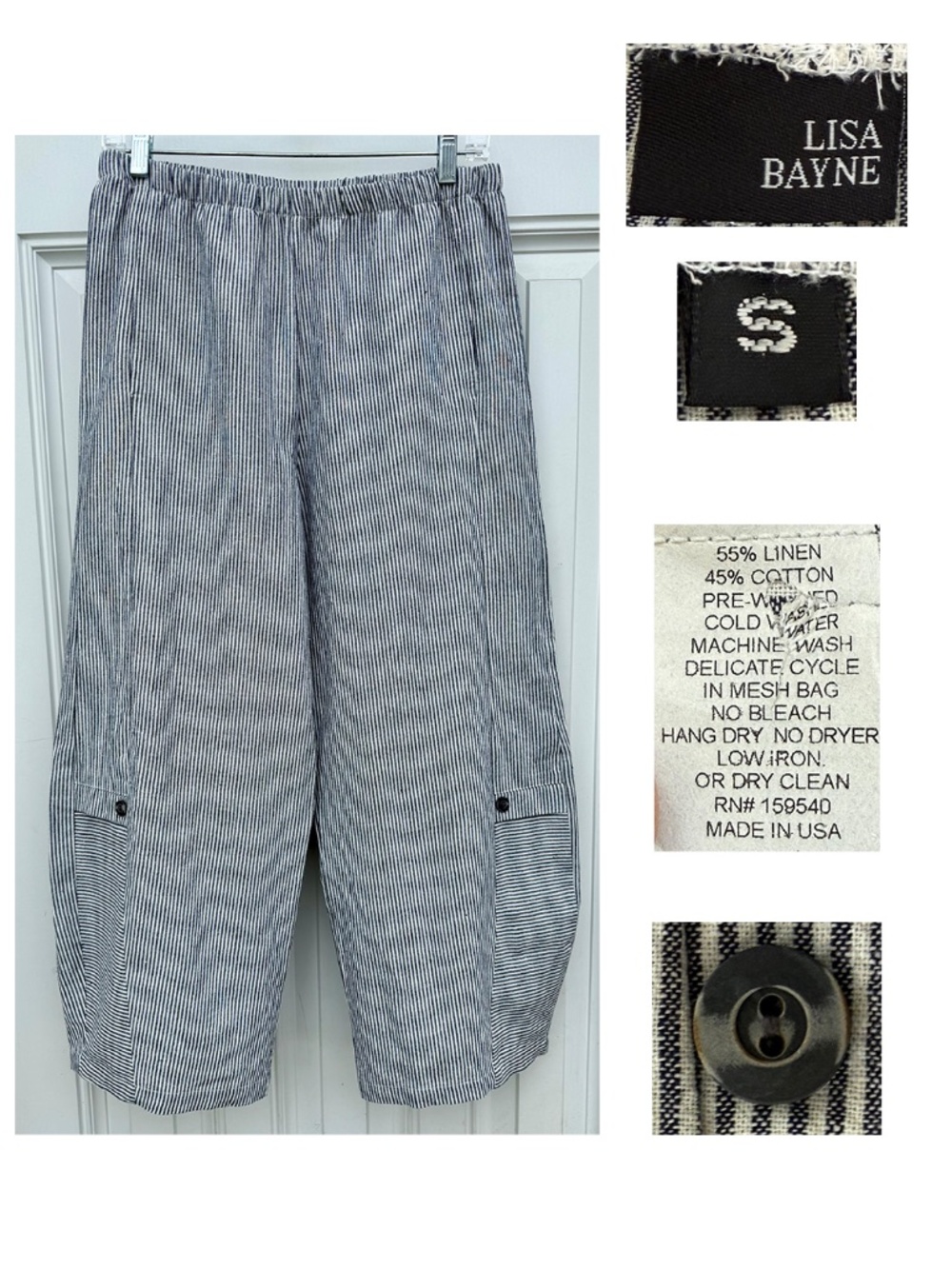 Lisa Bayne Small Linen Cotton Stripe  Wide Leg Lagenlook Pull On Pants